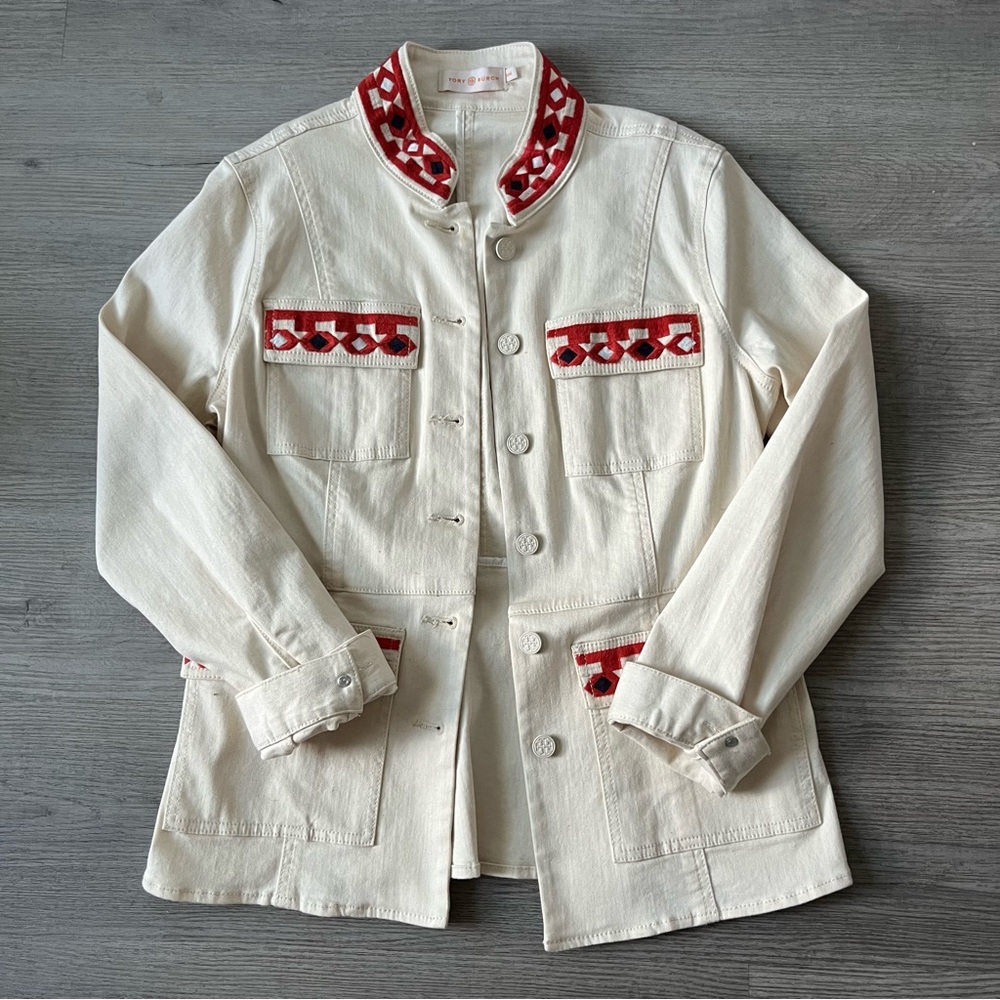 Tory Burch Red and Cream Embroidered Garment